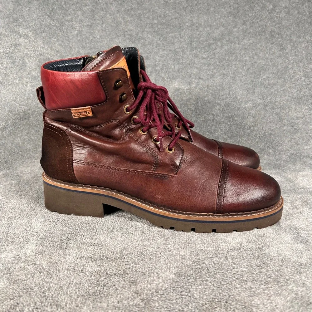Pikolinos York Boots Brown Cognac Leather Burgundy Red Side Zip Mens 8 EU 41